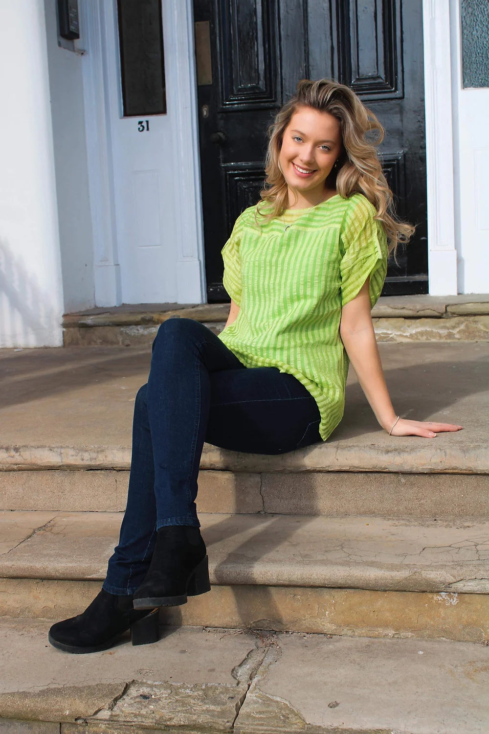 Yauvan Striped Lime Green Short Sleeve Blouse