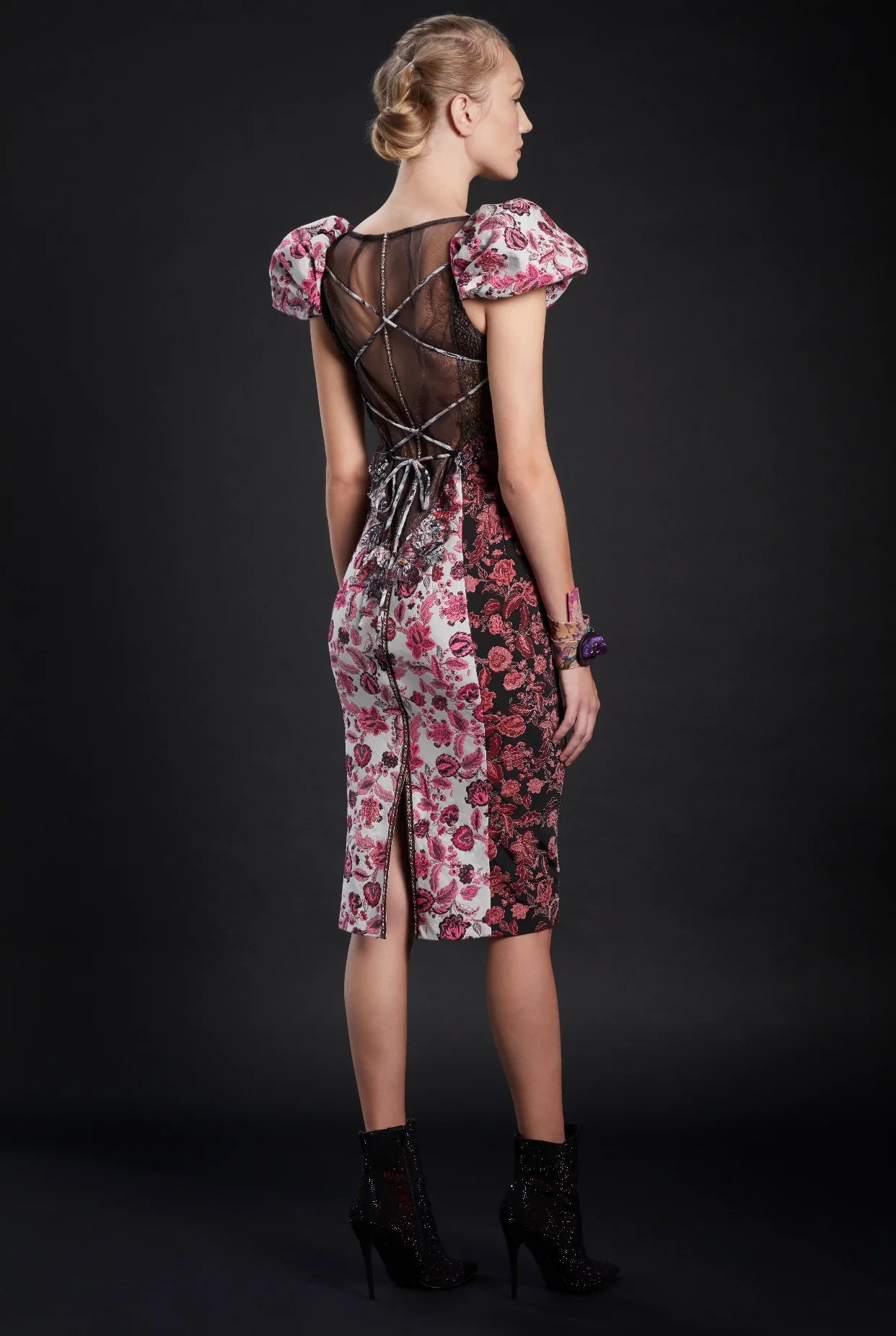 In Earnest Brocade Puff-Sleeve Sheath Dress