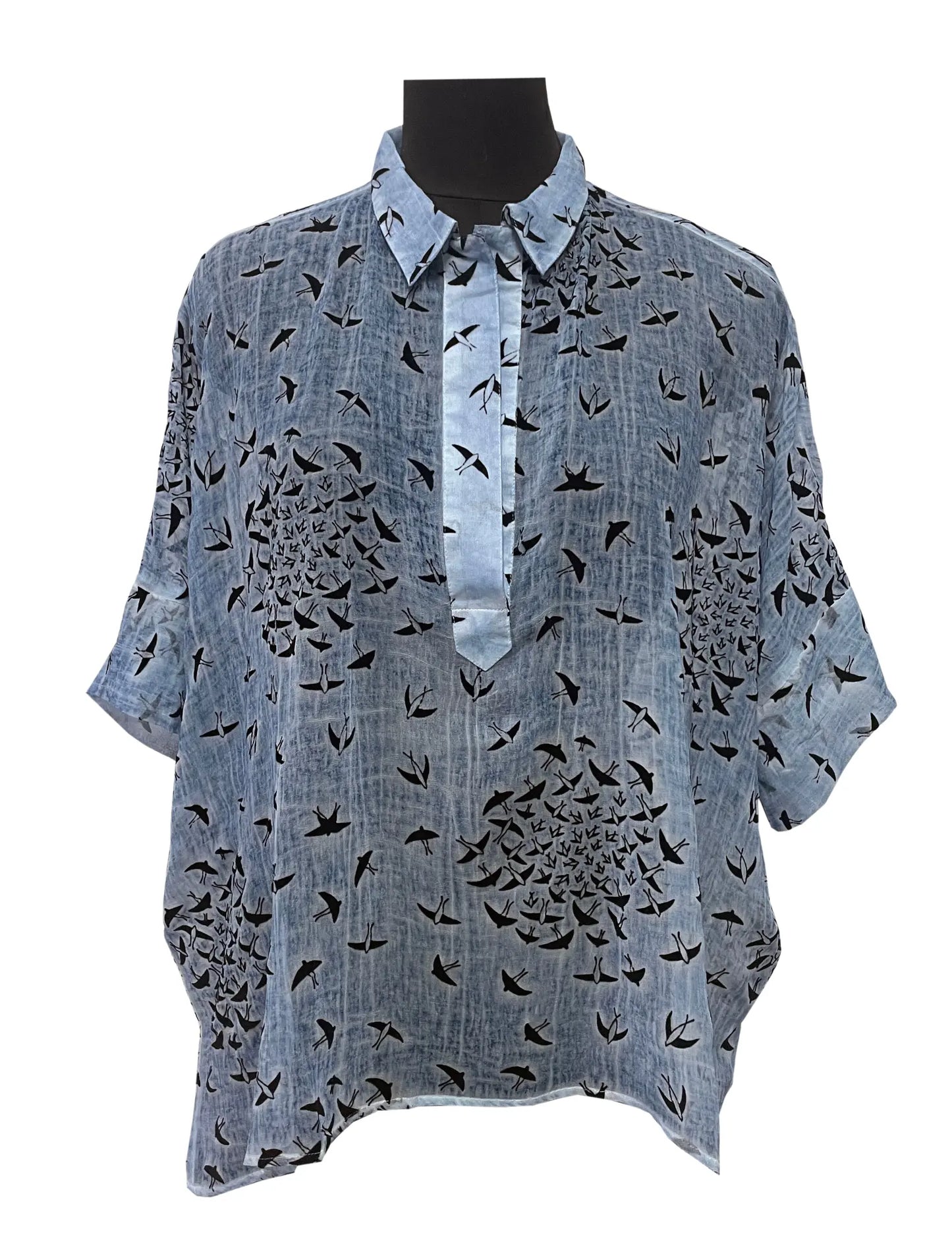 Yauvan Crystal Blue Swallow Embossed Blouse With Slip