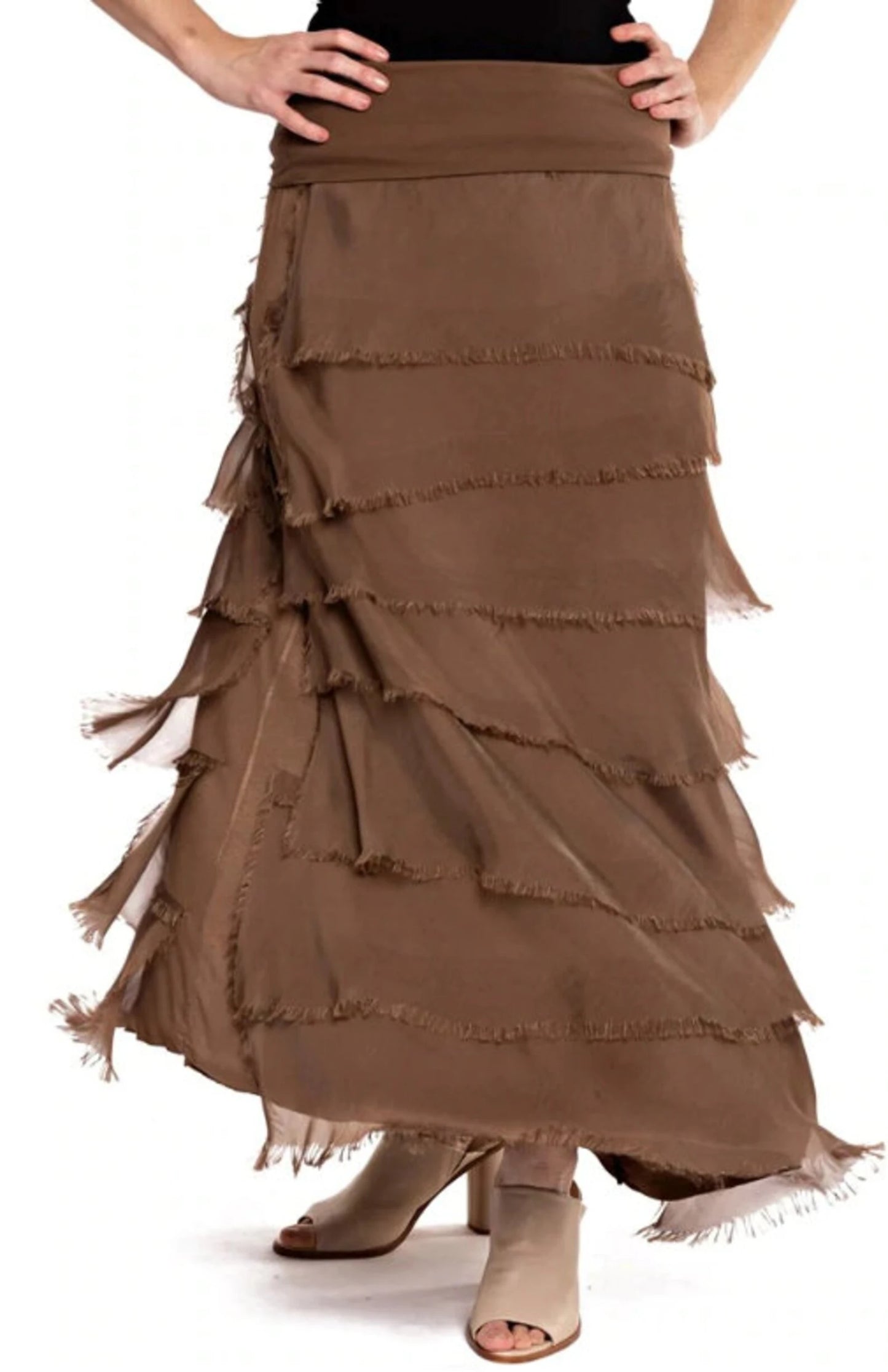 Karamel Collection Tier Layered Ruffled Silk Long Skirt