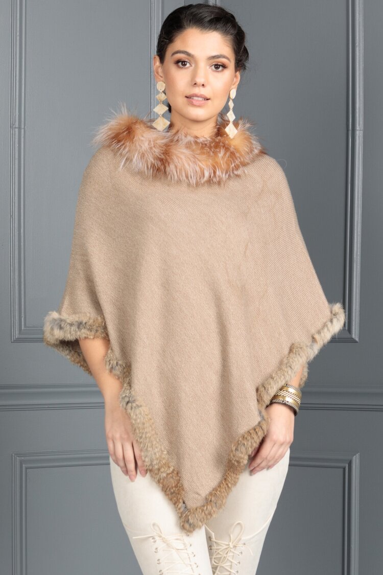 Knit Poncho Trimmed With Rabbit And Fox Collar