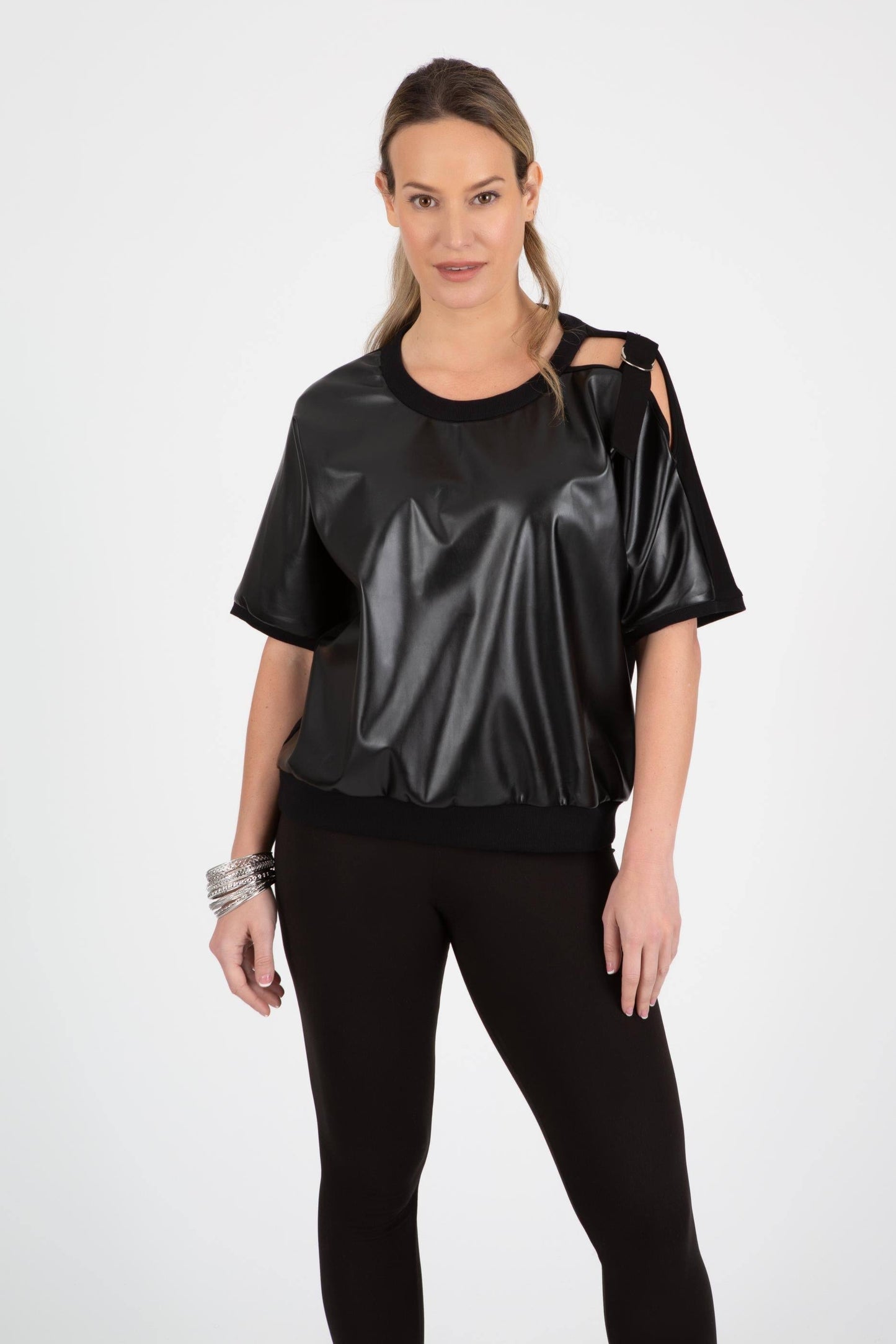 3/4 Sleeve Black Faux Leather Top by Berek