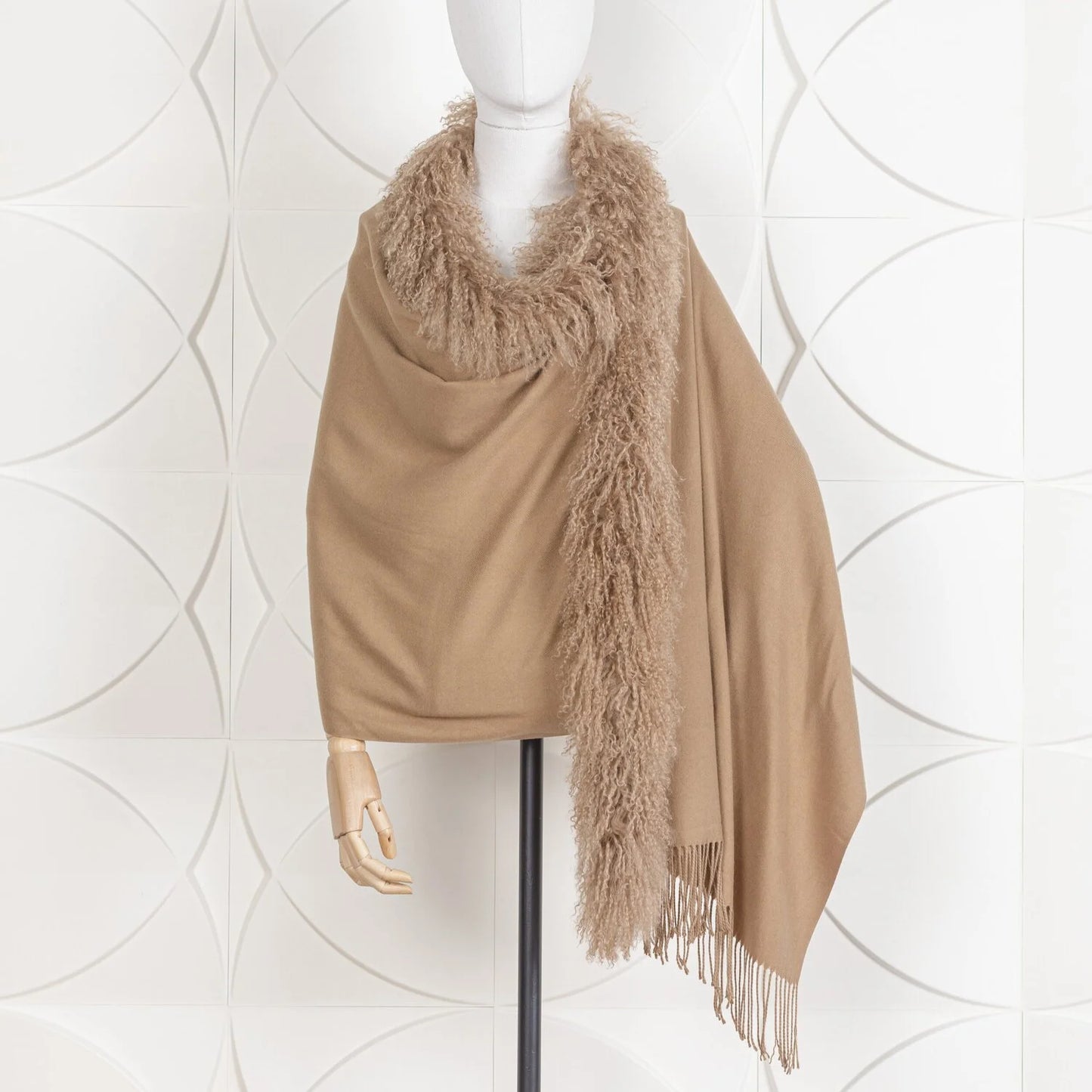 Dana Stein Collections Fringed Wrap With Mongolian Lamb Fur Trim