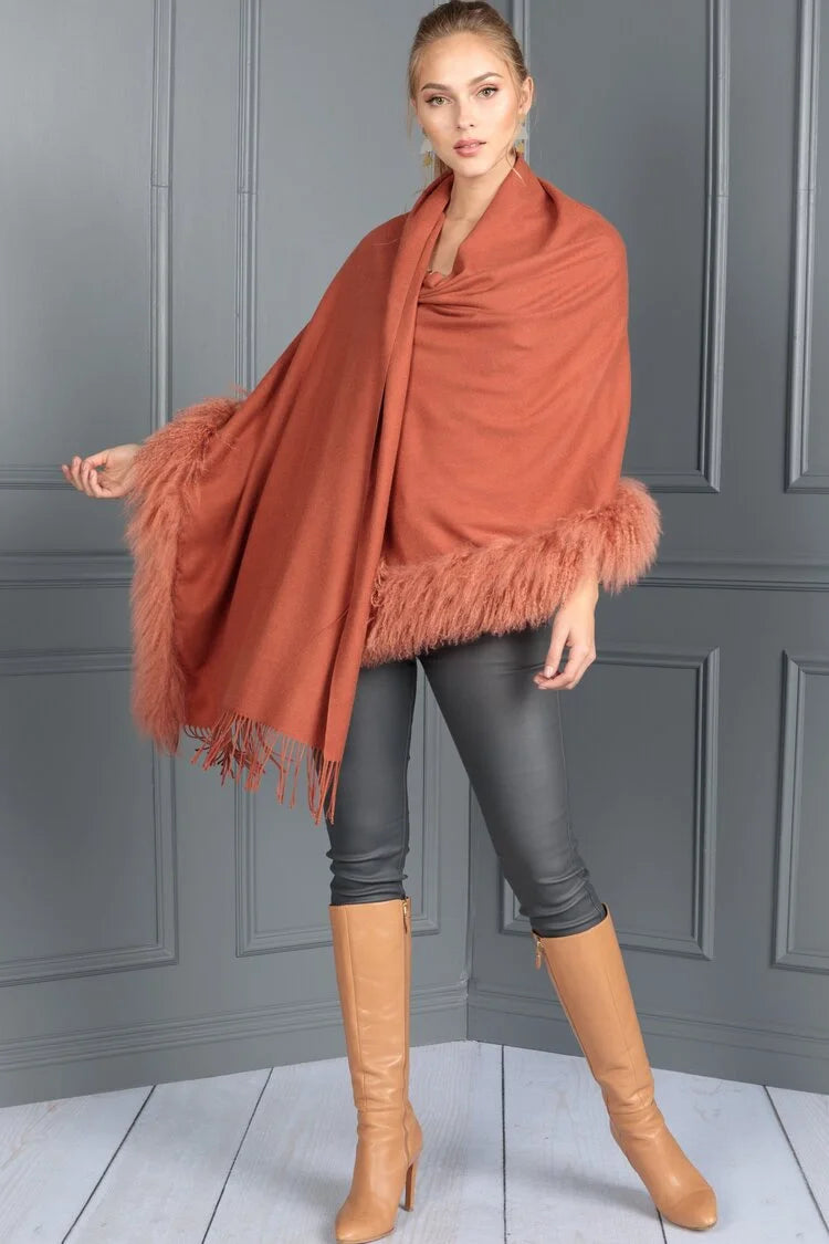 Dana Stein Collections Fringed Wrap With Mongolian Lamb Fur Trim