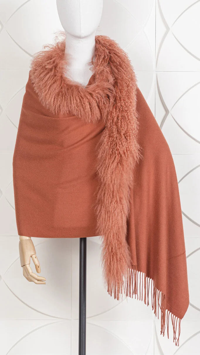 Dana Stein Collections Fringed Wrap With Mongolian Lamb Fur Trim