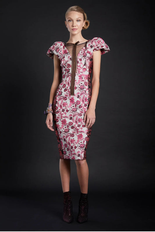 In Earnest Brocade Puff-Sleeve Sheath Dress