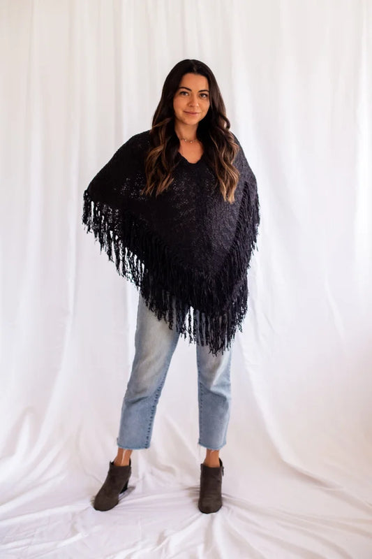 Lani Lau Tosca Boho Fringed Knit Poncho Sweater
