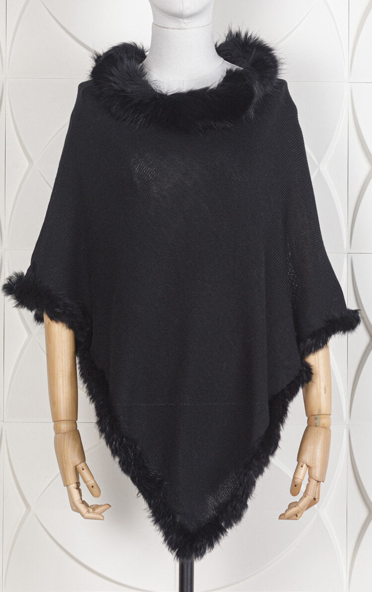 Knit Poncho Trimmed With Rabbit And Fox Collar