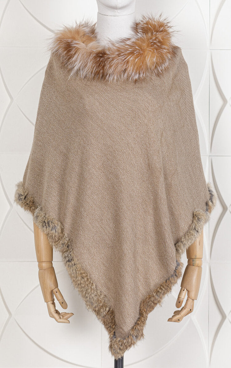 Knit Poncho Trimmed With Rabbit And Fox Collar
