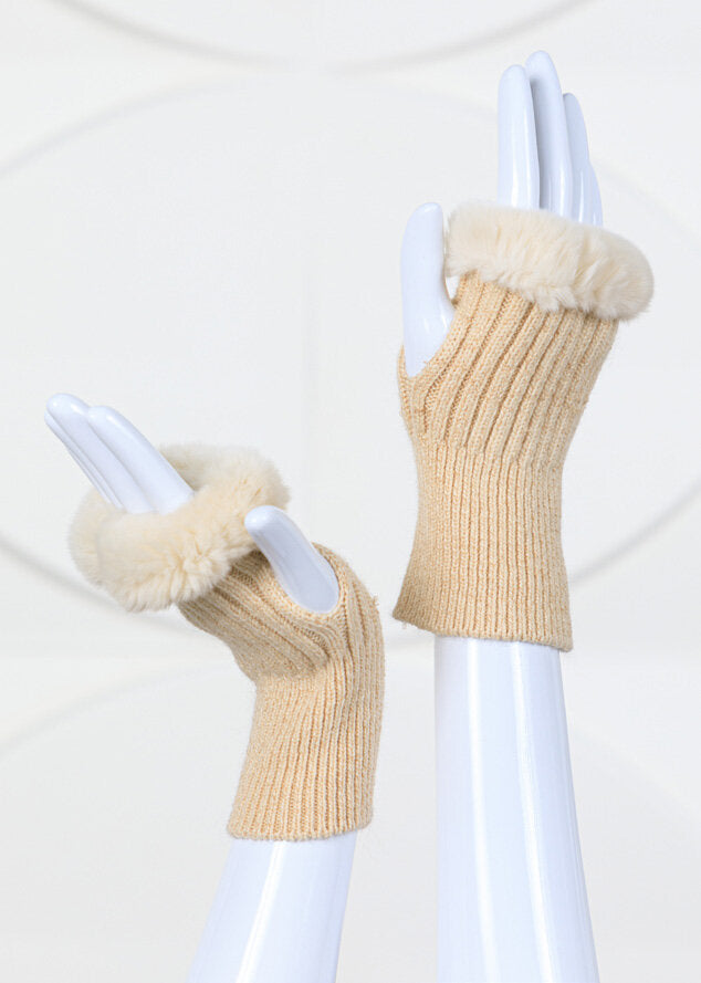 Knit Fingerless Gloves Trimmed With Rex Rabbit