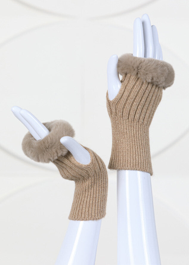 Knit Fingerless Gloves Trimmed With Rex Rabbit